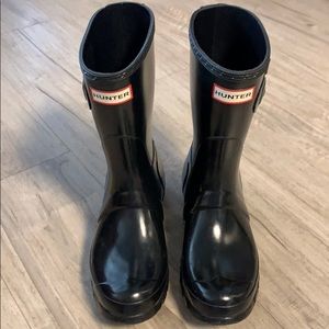 Mid-calf black Hunter rain boots.